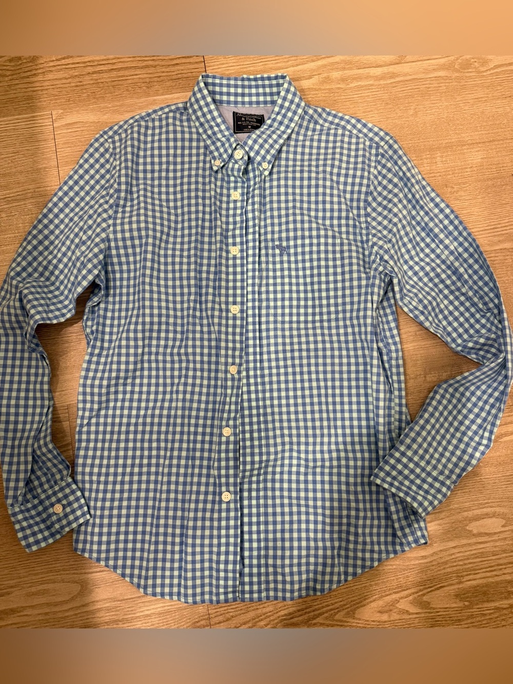 Abercrombie & Fitch Light Blue and White Gingham Button-Down Shirt Y2K Size M